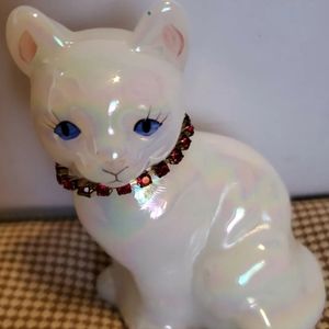 Vintage Fenton Iridescent Glass Cat Green Eyes Pink Rhinestone Collar White!!